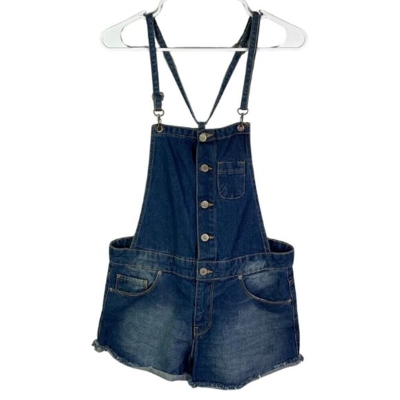 Forever 21 Jumper Jeans Shorts Distressed Denim Overalls Button Down Blue W 26 - Picture 1 of 5